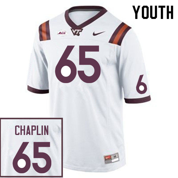 Youth #65 Xavier Chaplin Virginia Tech Hokies College Football Jerseys Sale-White - Click Image to Close